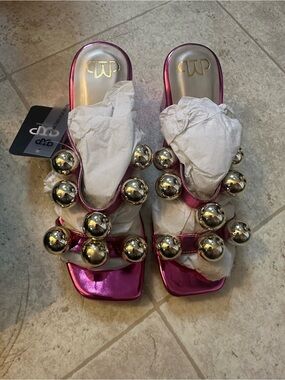 The White Pole Women's Metallic Pink Studded Slide Sandals Slip On EU 37